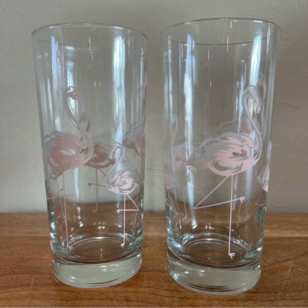 Vintage (2) Pink Flamingo Highball Cocktail Party Glasses 6 1/4” tall - Picture 3 of 5